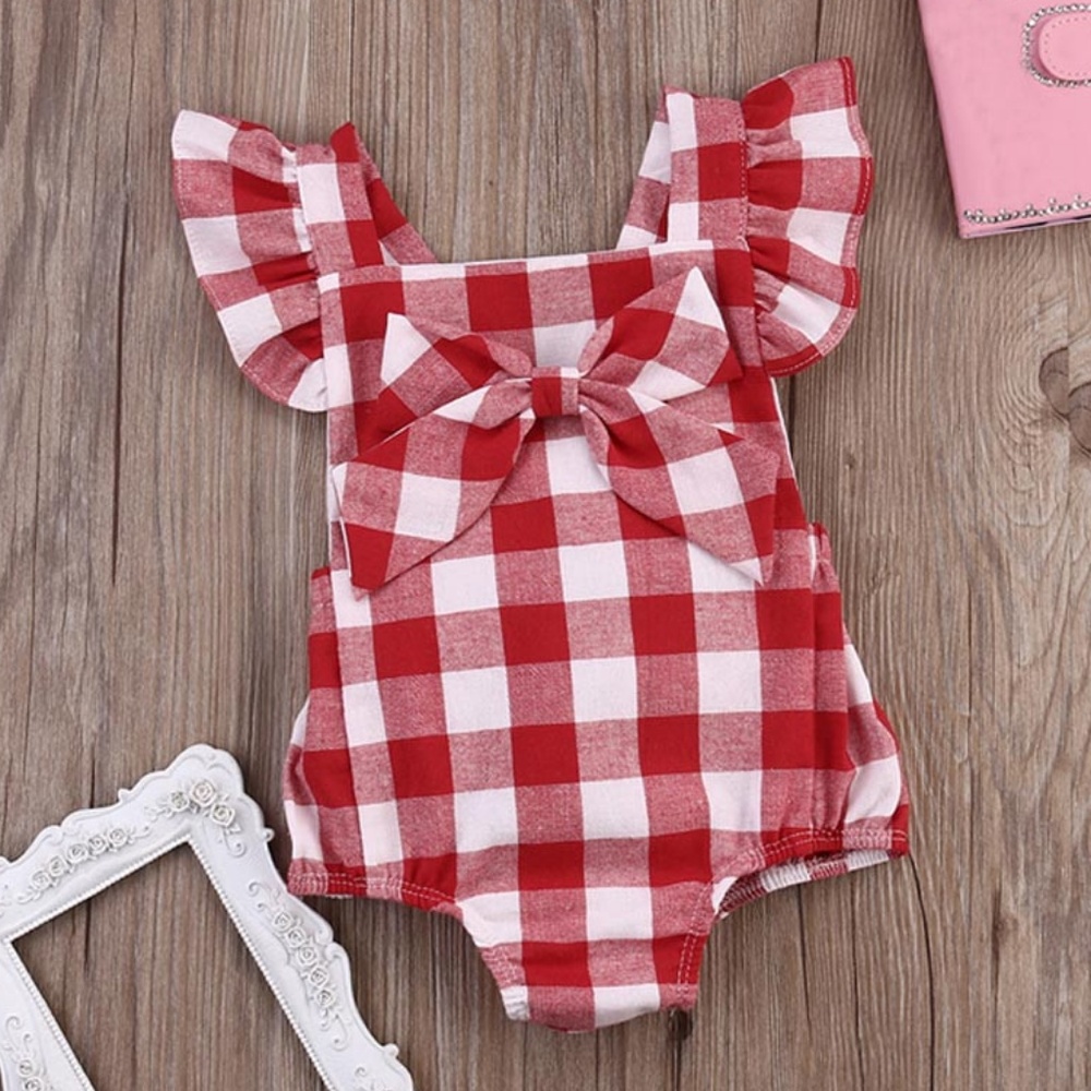 Red Plaid Bow Romper w/Headband